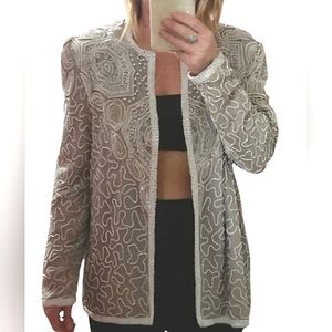 PAPELL BOUTIQUE Evening vintage beaded openfront jacket.Gray/silver. Size Medium